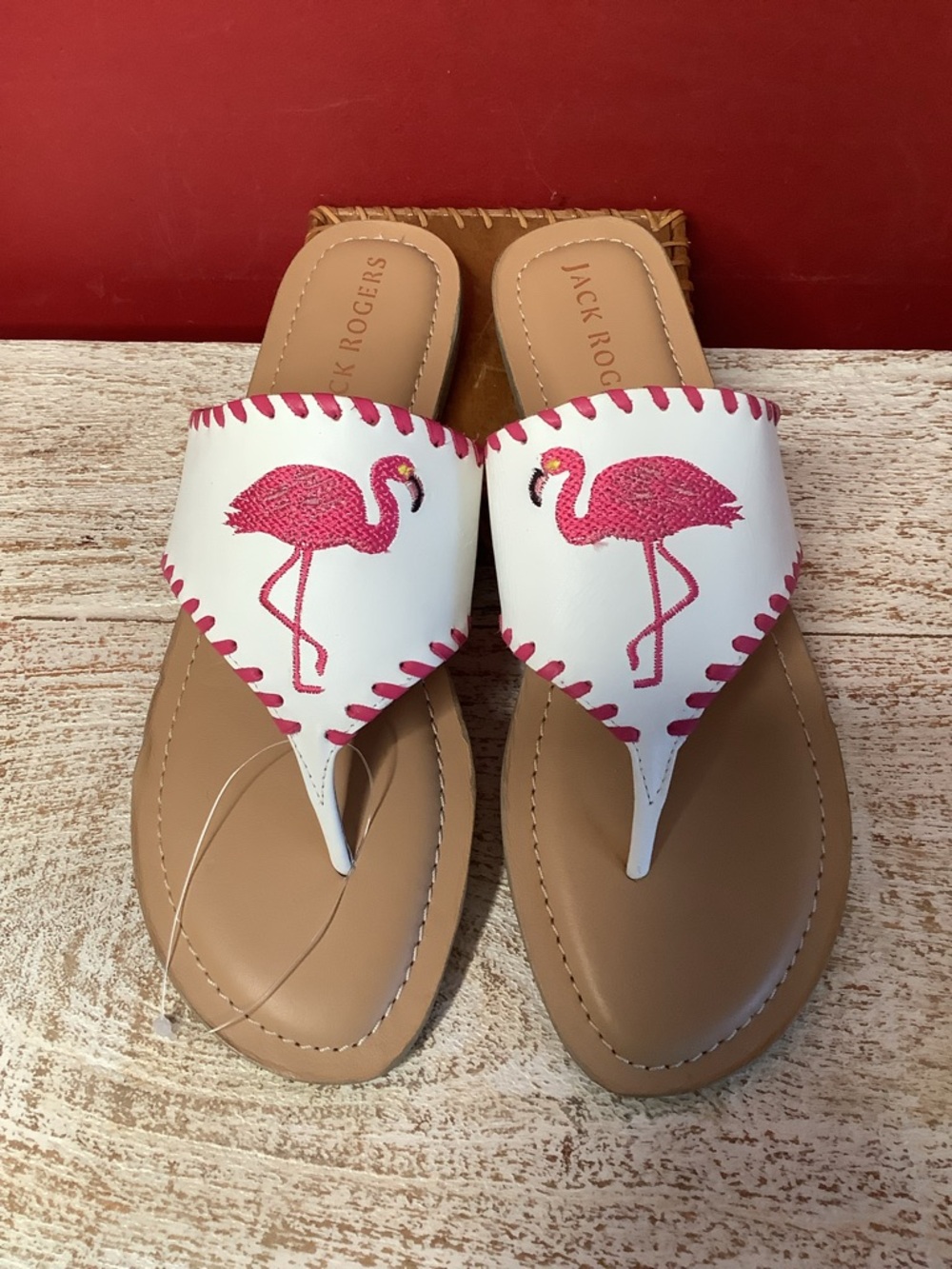 Jack Rogers White Pink Flamingo Embroidered Thong Flats Sandal Preppy Tropical